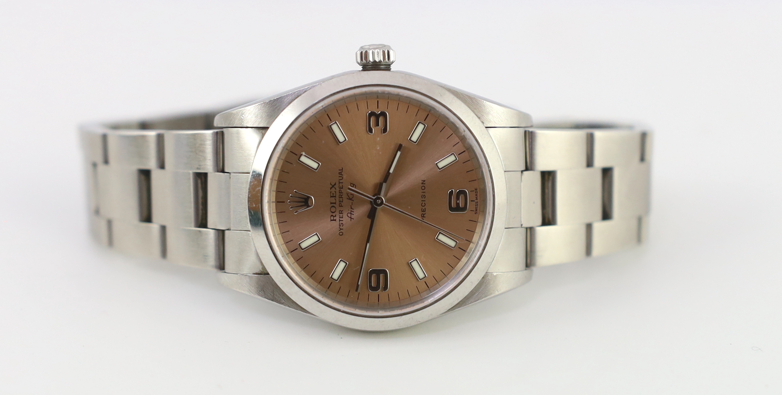 A gentleman's 2004 stainless steel Rolex Oyster Perpetual Air-King precision wrist watch, on a stainless steel Rolex bracelet